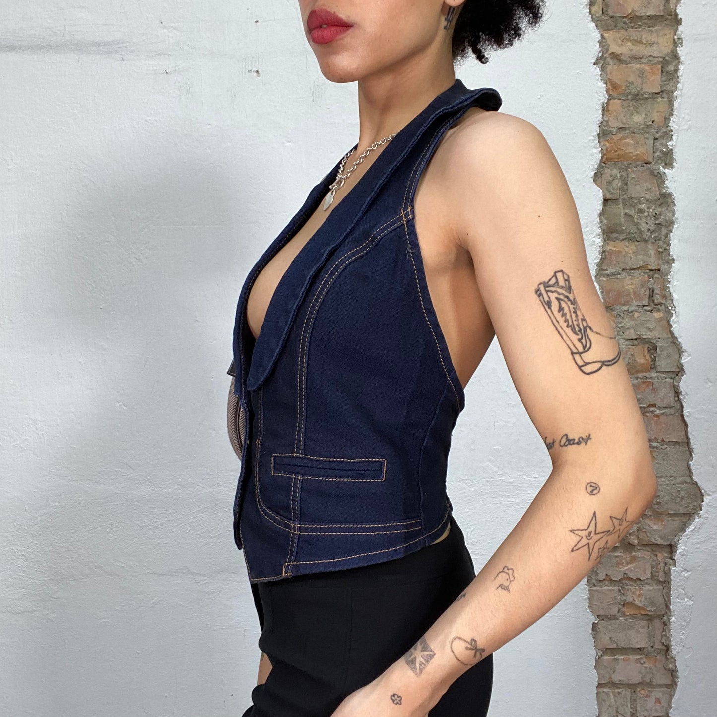 Vintage 2000's Indie Dark Denim Vest Top with Wide Open Collar and Buckle Detail Behind (S)