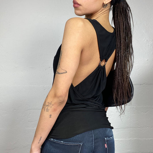 Vintage 2000's Clubwear Black Drapped Neckline Top with Ringed Open Back Detail (M)