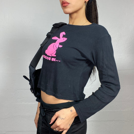 Vintage 2000's Alice in Wonderland Black Longsleeve Top with Pink Rabbit "Follow Me..." Print (S)