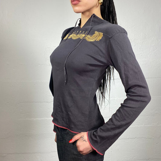 Vintage 2000's Diesel Downtown Girl Washed Out Black Longsleeve Top with Ethnic Print Trim Detail (M)
