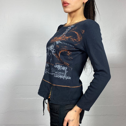 Vintage 2000's Batik Black Longsleeve Top with Orange and Grey Typography Print (M)