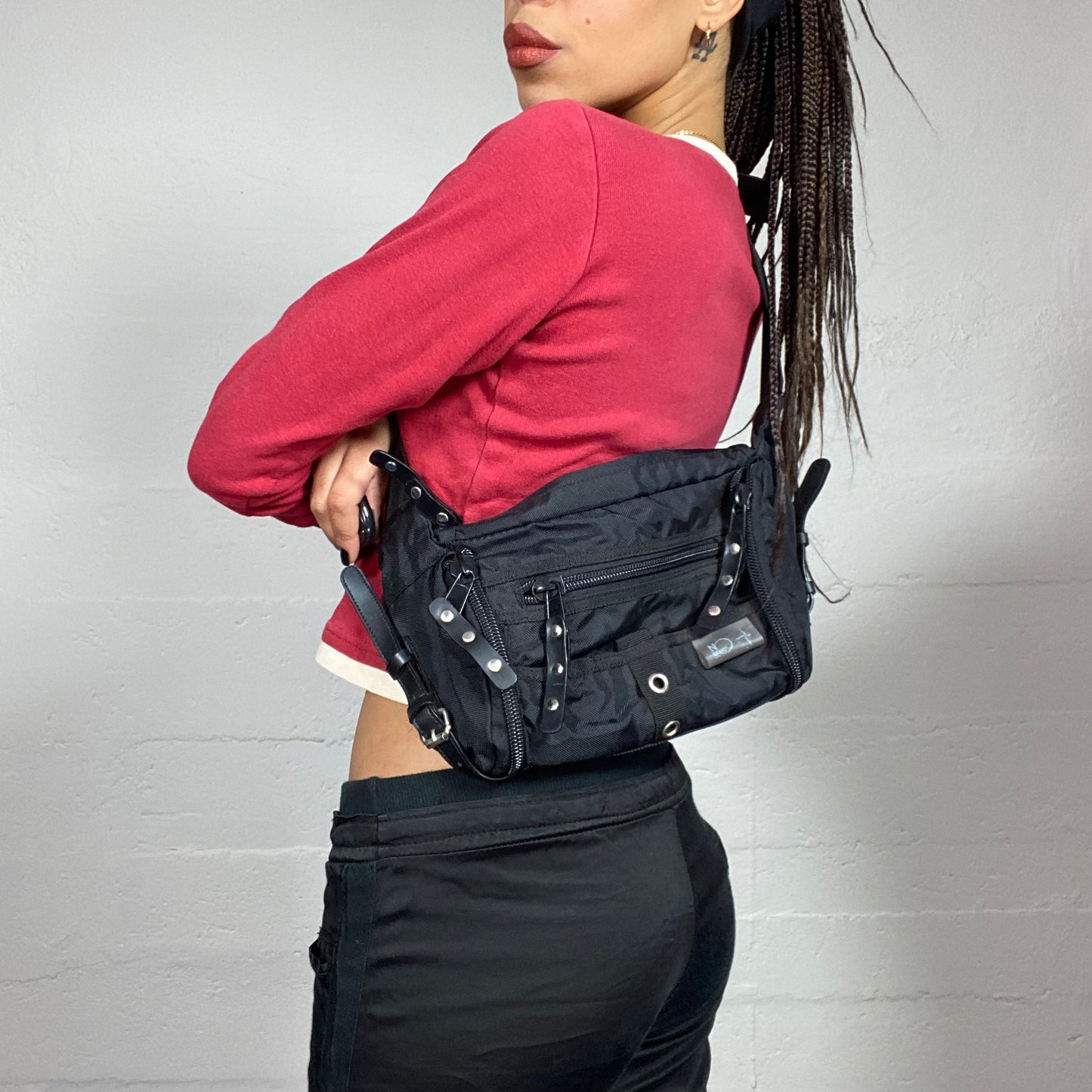 Vintage 2000's Rave Black Nylon Shoulder Bag with Studs Detail
