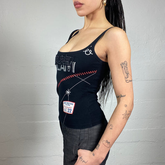 Vintage 2000's Downtown Girl Black Top with Patches Print "Glam" Detail (S)