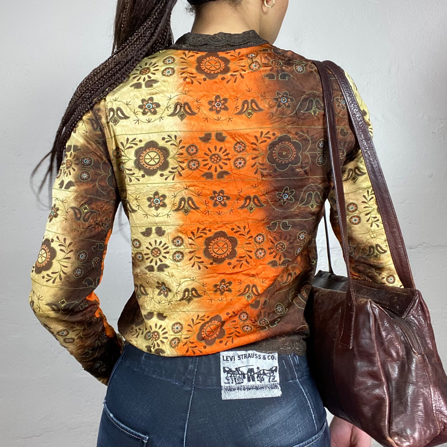 Vintage 2000's Hippie Orange Tie Dye Zip Up Sweater with Floral Print (M)