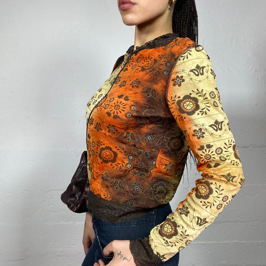 Vintage 2000's Hippie Orange Tie Dye Zip Up Sweater with Floral Print (M)