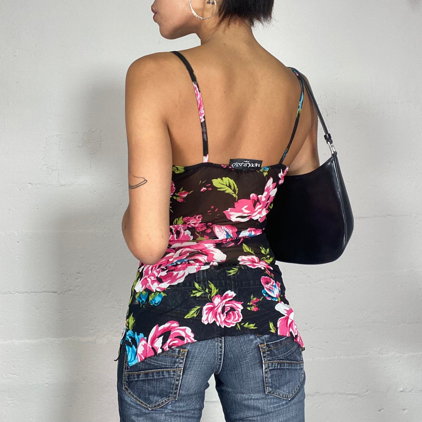 Vintage 2000's Summer Semi-Sheer Pink Top with Maxi Flower Print and Lace Trim Detail (S)