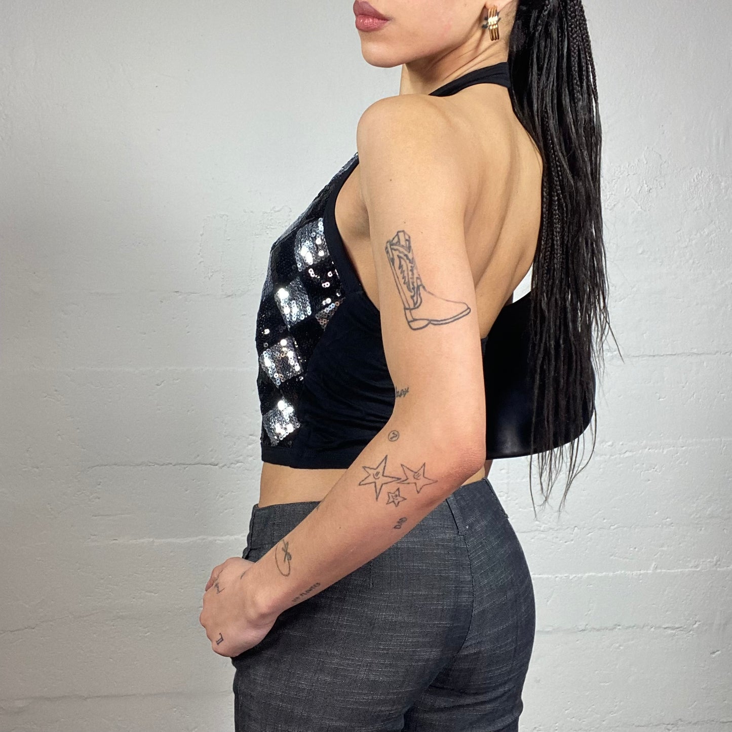Vintage 2000's Festive Black Vest Top with Sequins Diamond Print Detail (M)