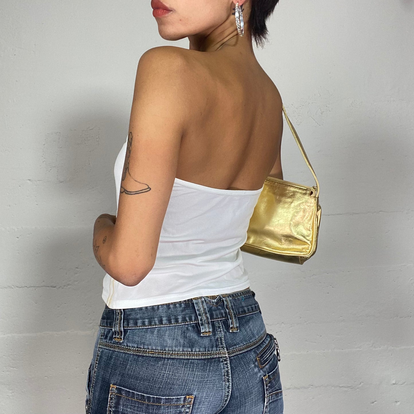 Vintage 2000's Morgan Downtown Girl White Strapless Top with Golden "28 Morgan" Print (S)