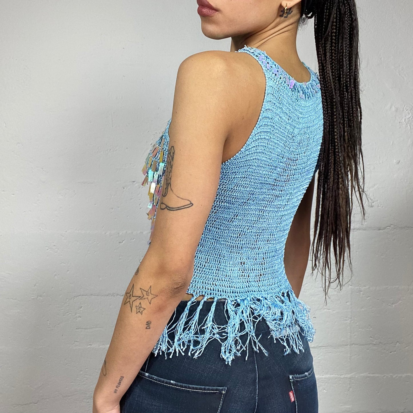 Vintage 2000's Jane Birkin Blue Crochet Top with Maxi Sequins Detail (S)