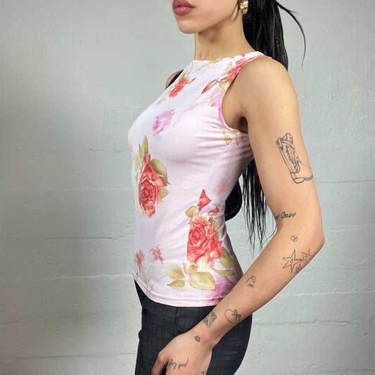 Vintage 2000's Soft Girl Pink Top with Delicate Roses Print (M)