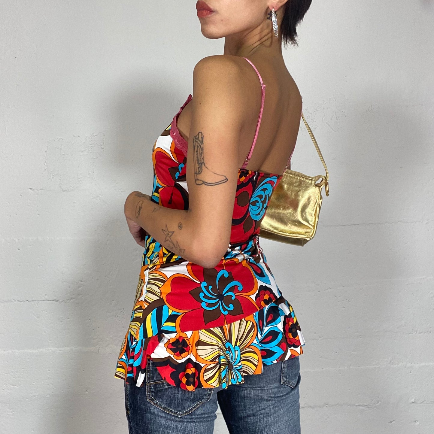 Vintage 2000's Funky Multi Colored Asymmetrical Top with Maxi Flower Print and Lace Trim Detail (S)