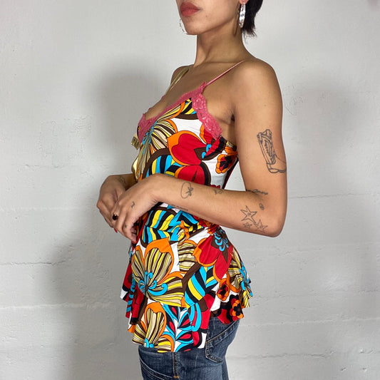 Vintage 2000's Funky Multi Colored Asymmetrical Top with Maxi Flower Print and Lace Trim Detail (S)