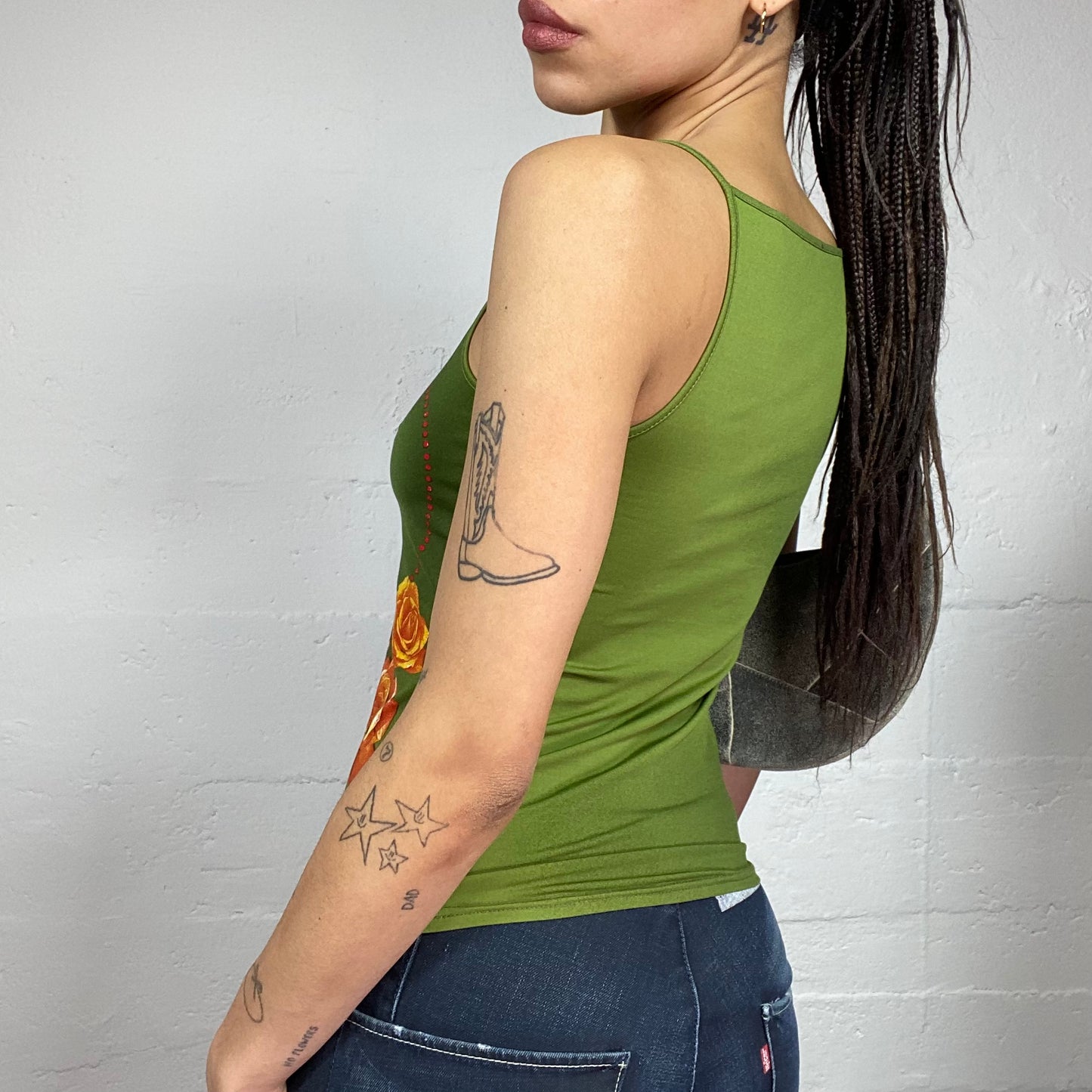 Vintage 2000's Indie Green Top with Pin Up Portrait Print (S)