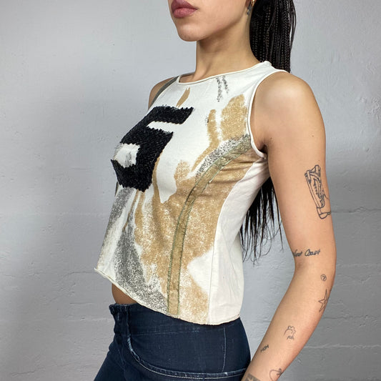 Vintage 2000's Downtown Girl Beige Top with Black Sequins "5" Print (S)