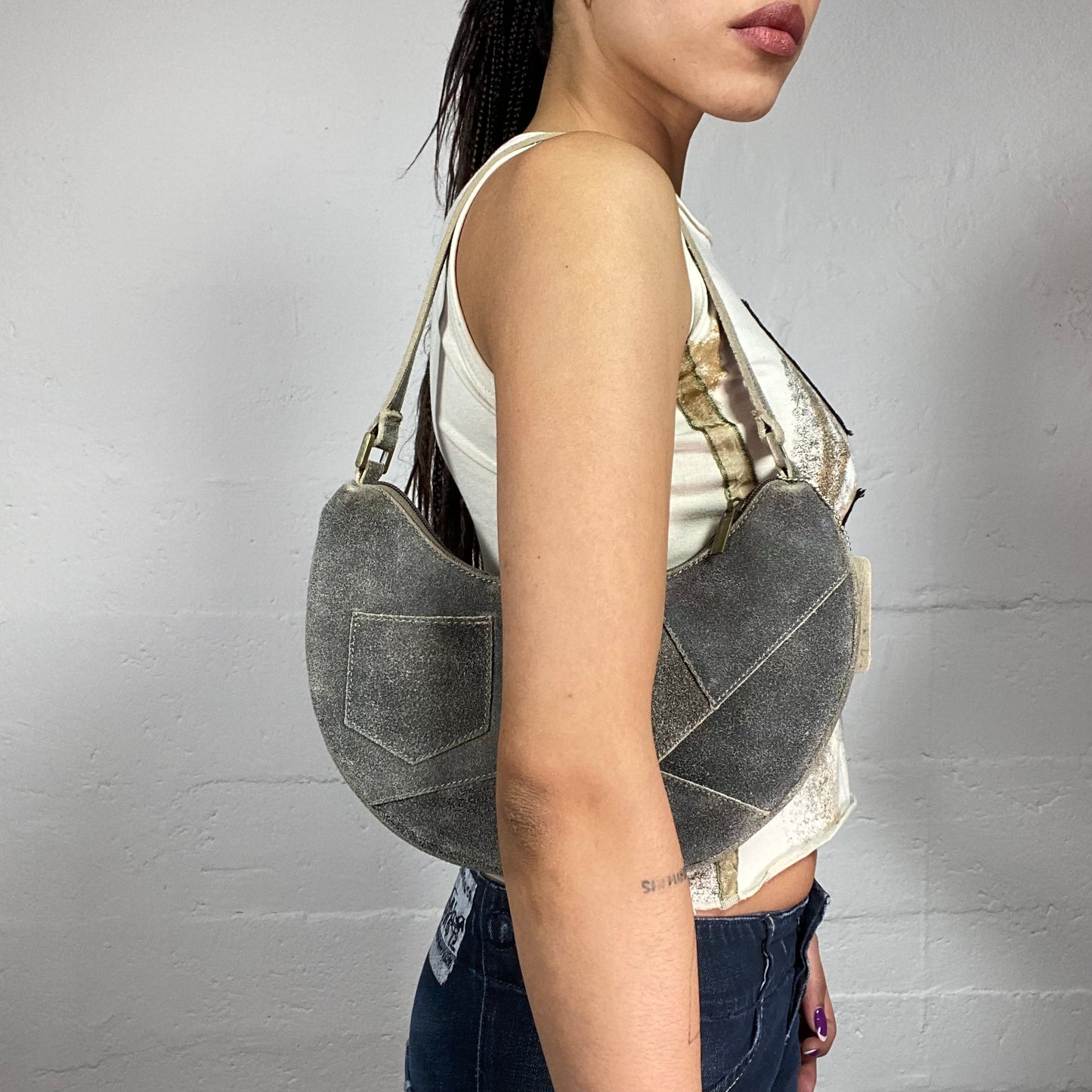 Vintage 2000's Archive Grey Saddle Shoulder Bag with Patched Washed Out Material Detail