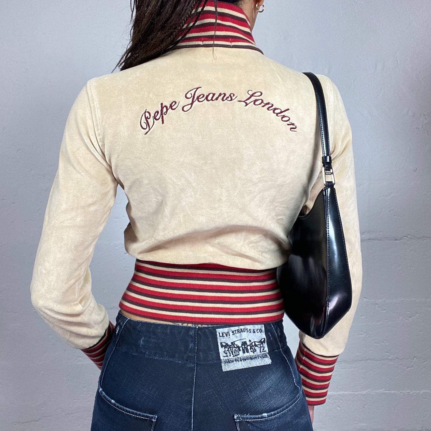 Vintage 2000's Pepe Jeans Sporty Beige Corduroy Zip Up Sweater with Red Stripes Print and Brand Lettering Embroidery Detail (S)
