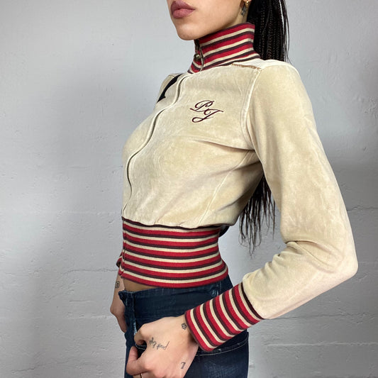Vintage 2000's Pepe Jeans Sporty Beige Corduroy Zip Up Sweater with Red Stripes Print and Brand Lettering Embroidery Detail (S)