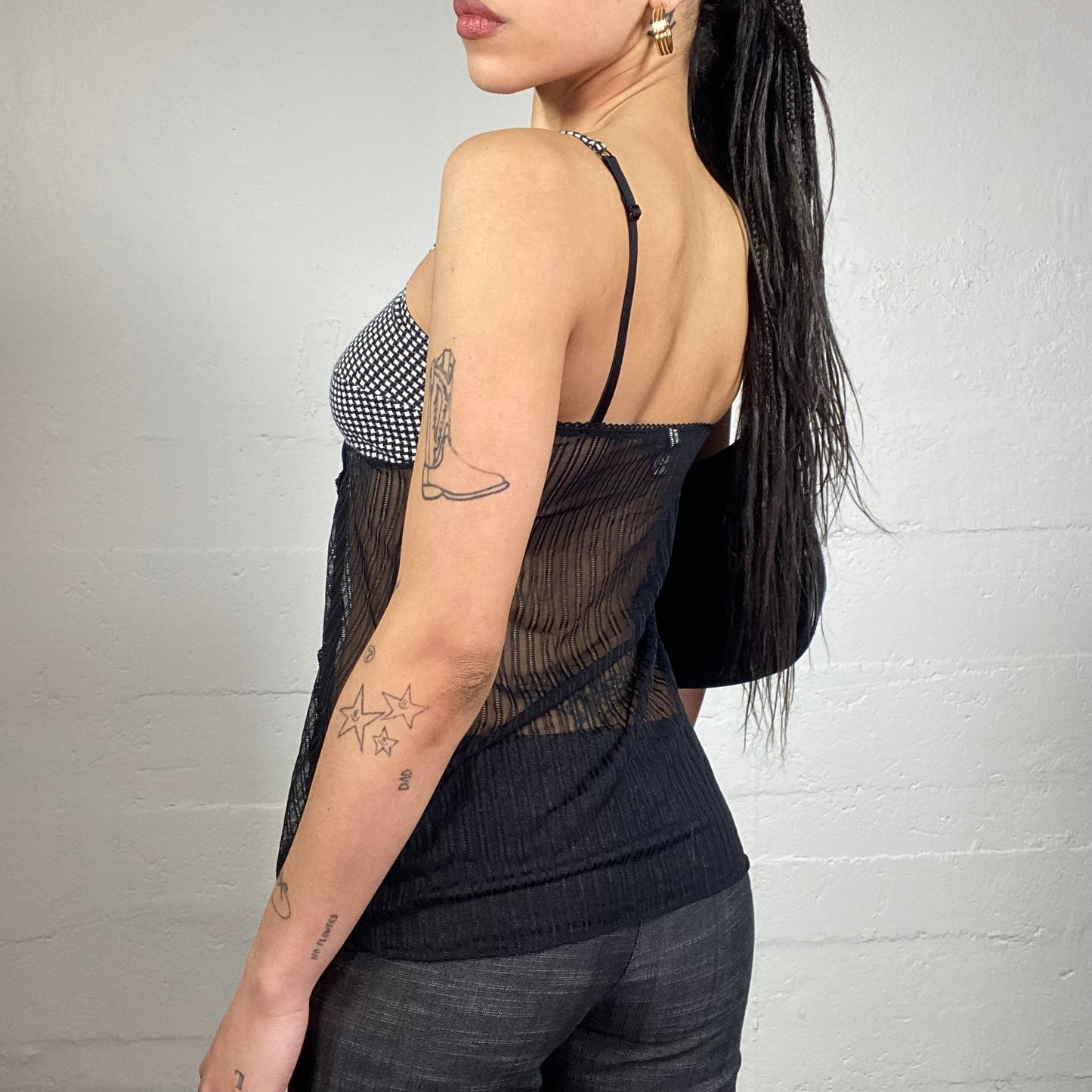 Vintage 90's Grunge Girl Black Checkered Corset Top with Belly Mesh Part Covering (S)