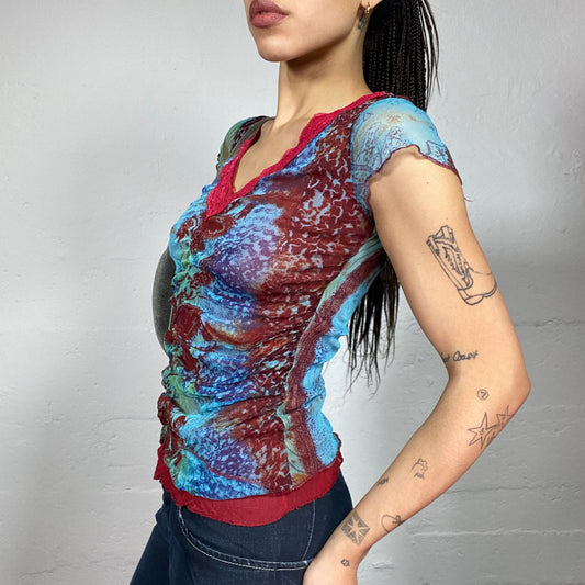 Vintage 2000's Indie Blue Tie Dye Top with Red Lace Trim Detail (S)