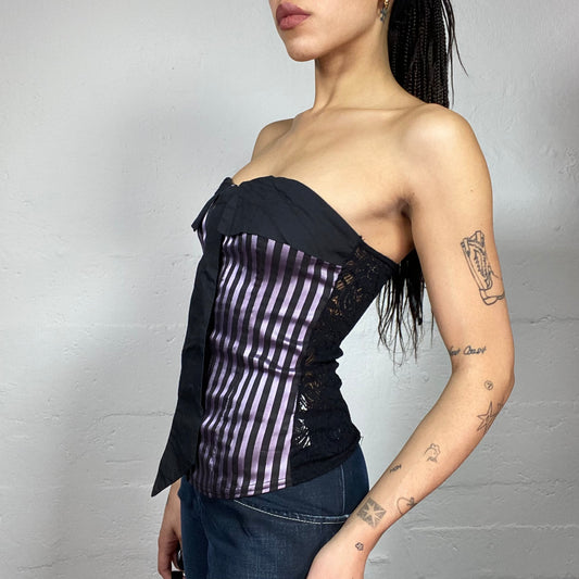 Vintage 2000's Sleaze Black Strapless Top with Pink Stripes Print (S)