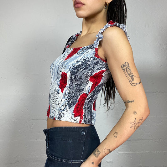 Vintage 90's Romantic Girl Grey Top with Red Roses Floral Print (S)