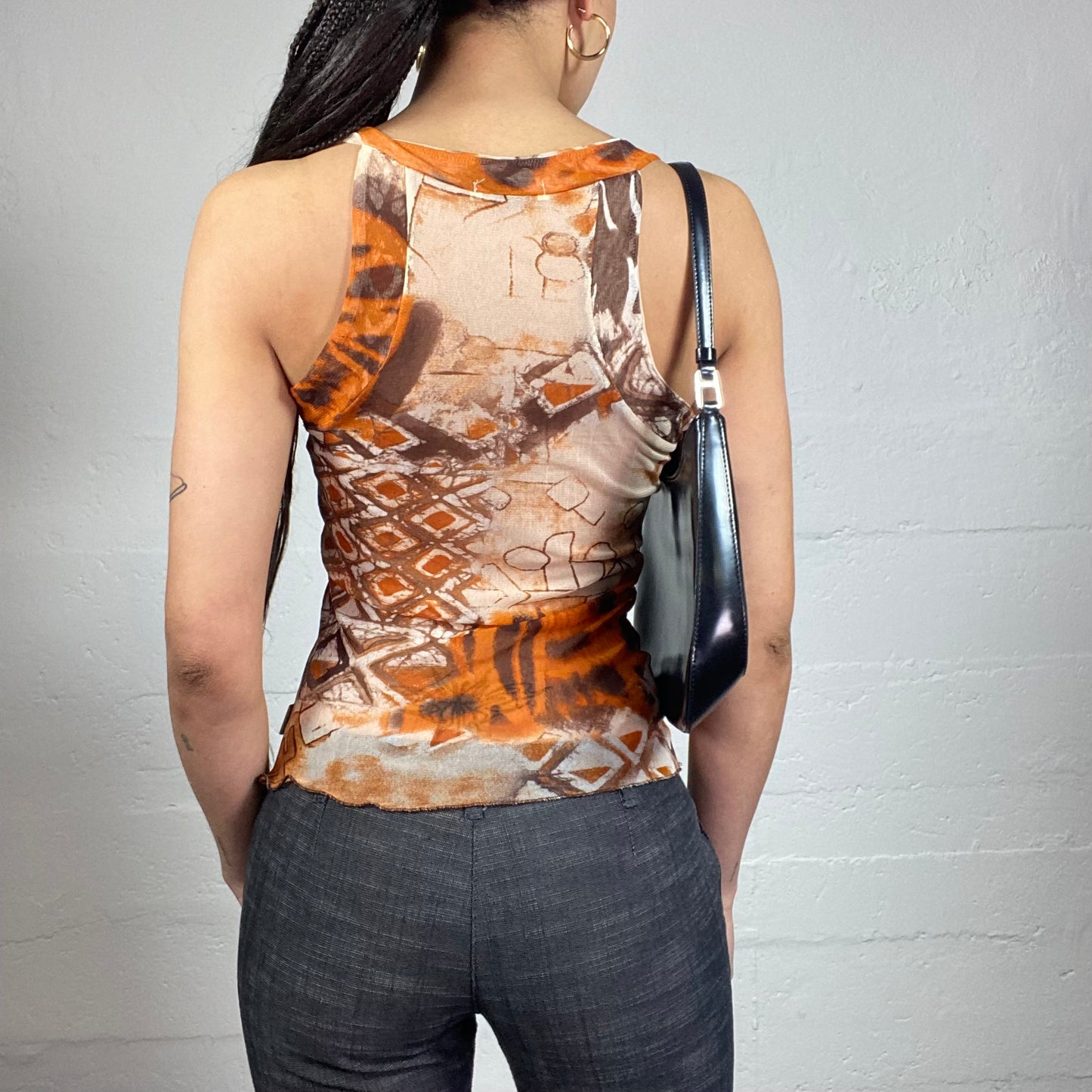 Vintage 2000's Boho Brown See Through Top with Ethnic Print (S)