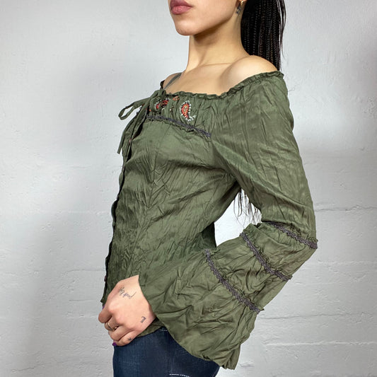 Vintage 2000's Boho Girl Khaki Off Shoulder Top with Brown Decorative Paisley Beads Detail (M)