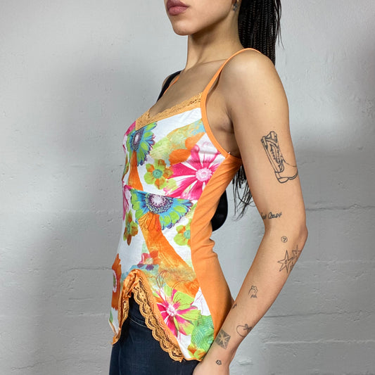 Vintage 2000's Festival Girl White Top with Multi Colour Floral Print (S)