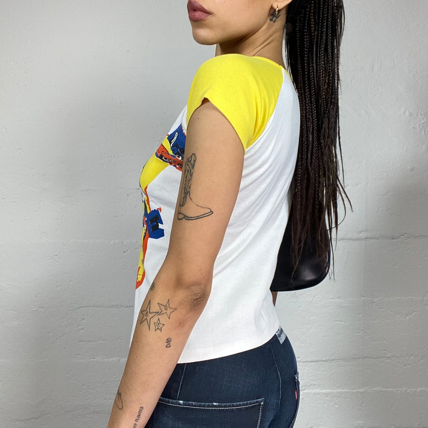 Vintage 2000's Girl Pop Yellow Top with Pop Warhol Style Portrait Print (S)
