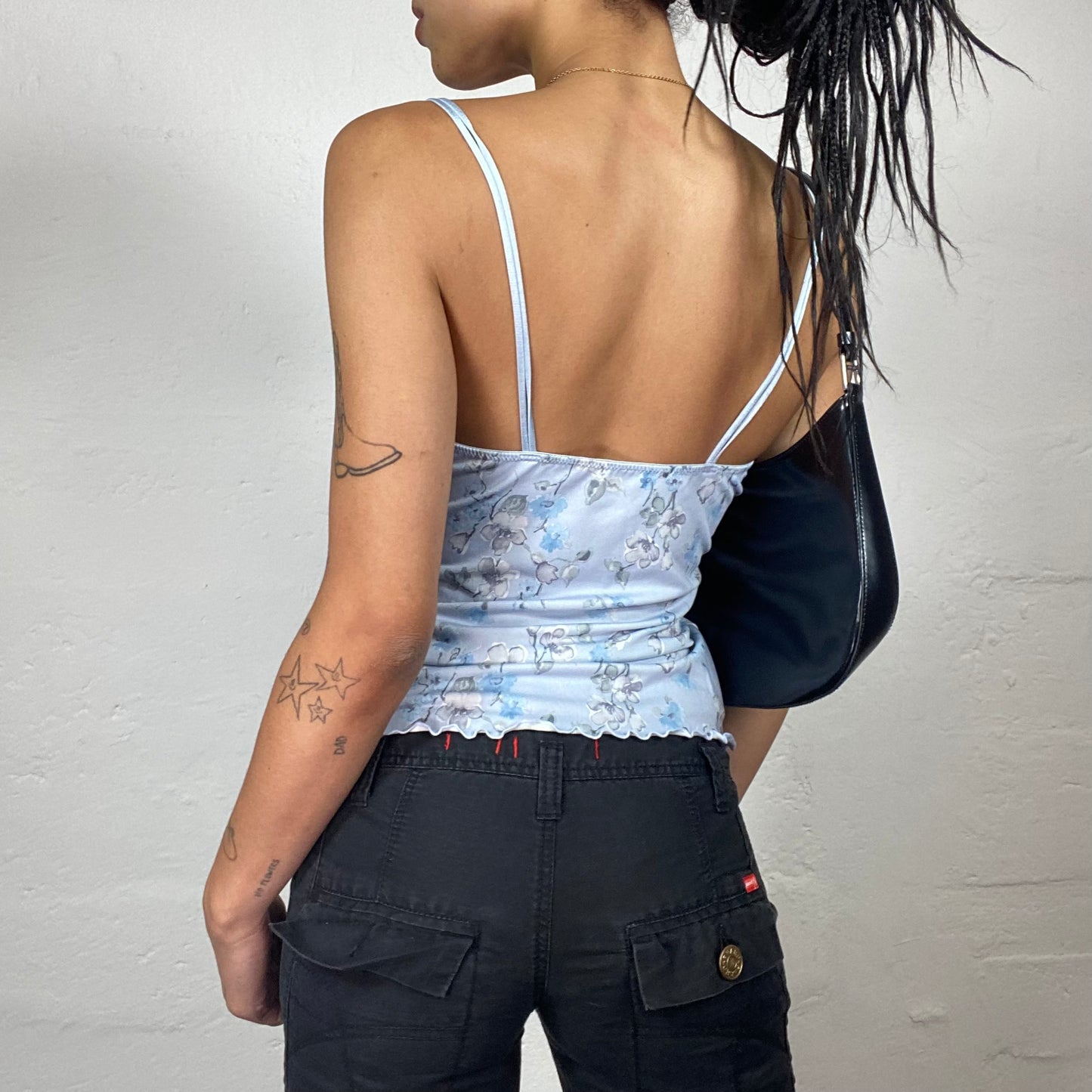 Vintage 90’s Romantic Baby Blue Floral Print Cami Top with Lace Trim Detail (S)