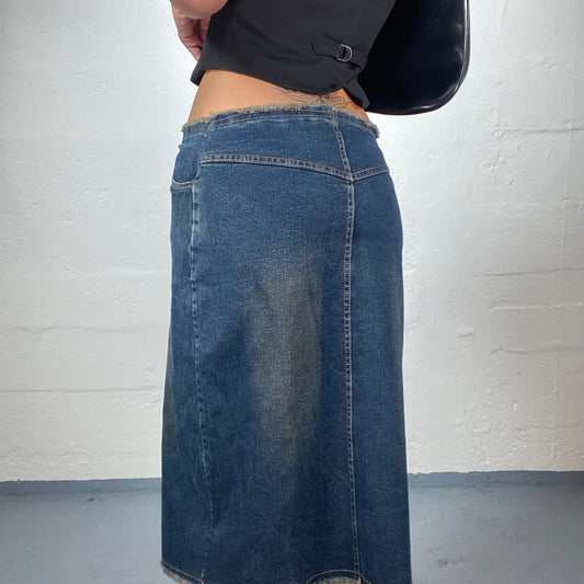 Vintage 2000's Downtown Girl Classic Dark Denim Pencil Midi Skirt with Raw Waist Hem (S/M)