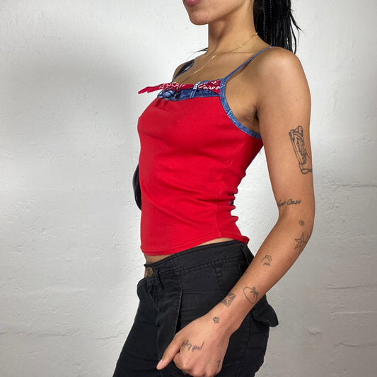 Vintage 2000's Downtown Girl Red Top with Bandana and Denim Print Trim Details (M)