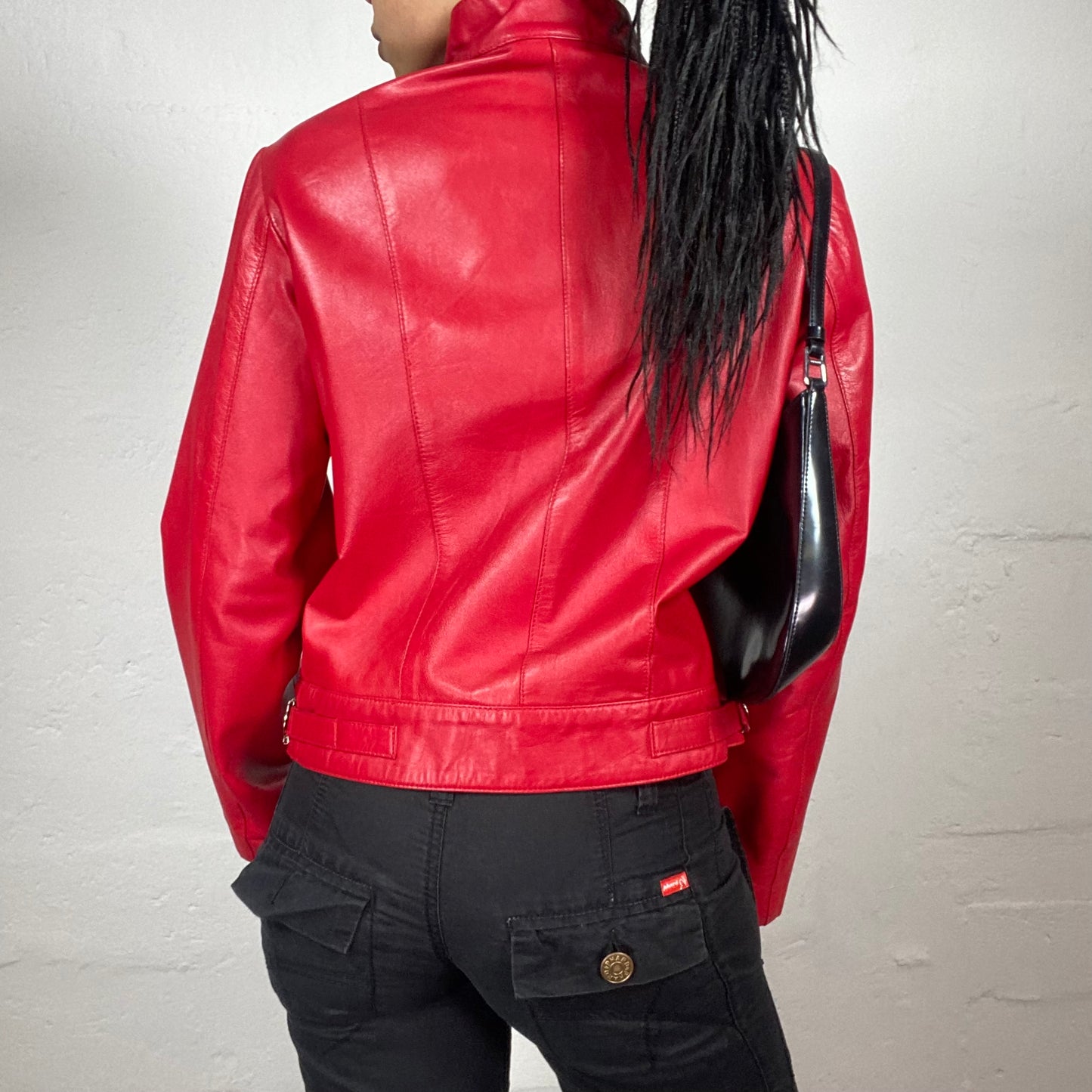 Vintage 2000's Downtown Girl Hot Red Fitted Leather Racer Jacket (S)