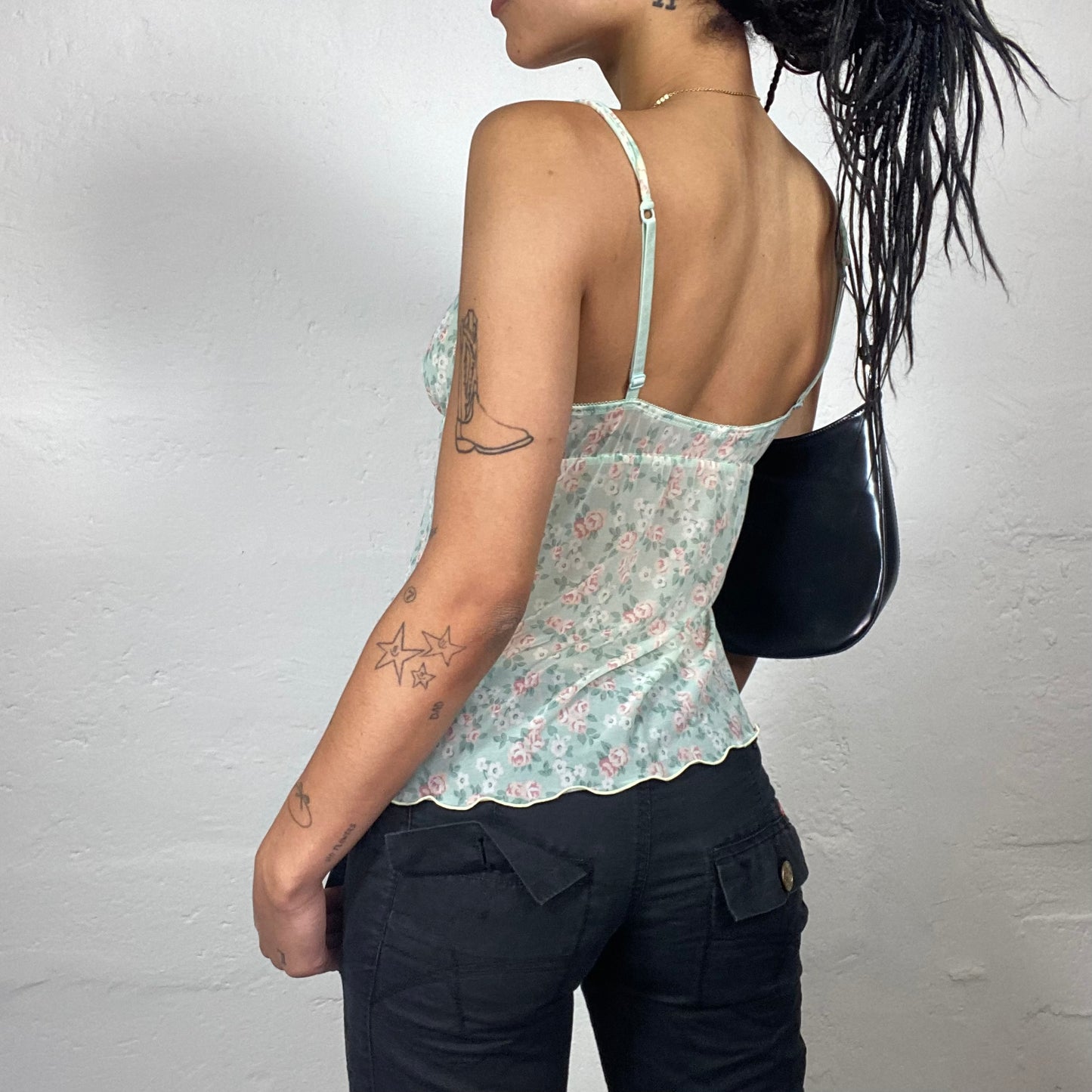 Vintage 2000’s Soft Girl Baby Blue Floral Mesh Cami Top with Pink Ribbon Detail (M)