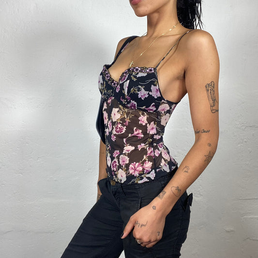 Vintage 2000’s Romantic Black Floral Bustier Cami Top with Flower Embroidery Details (S/M)