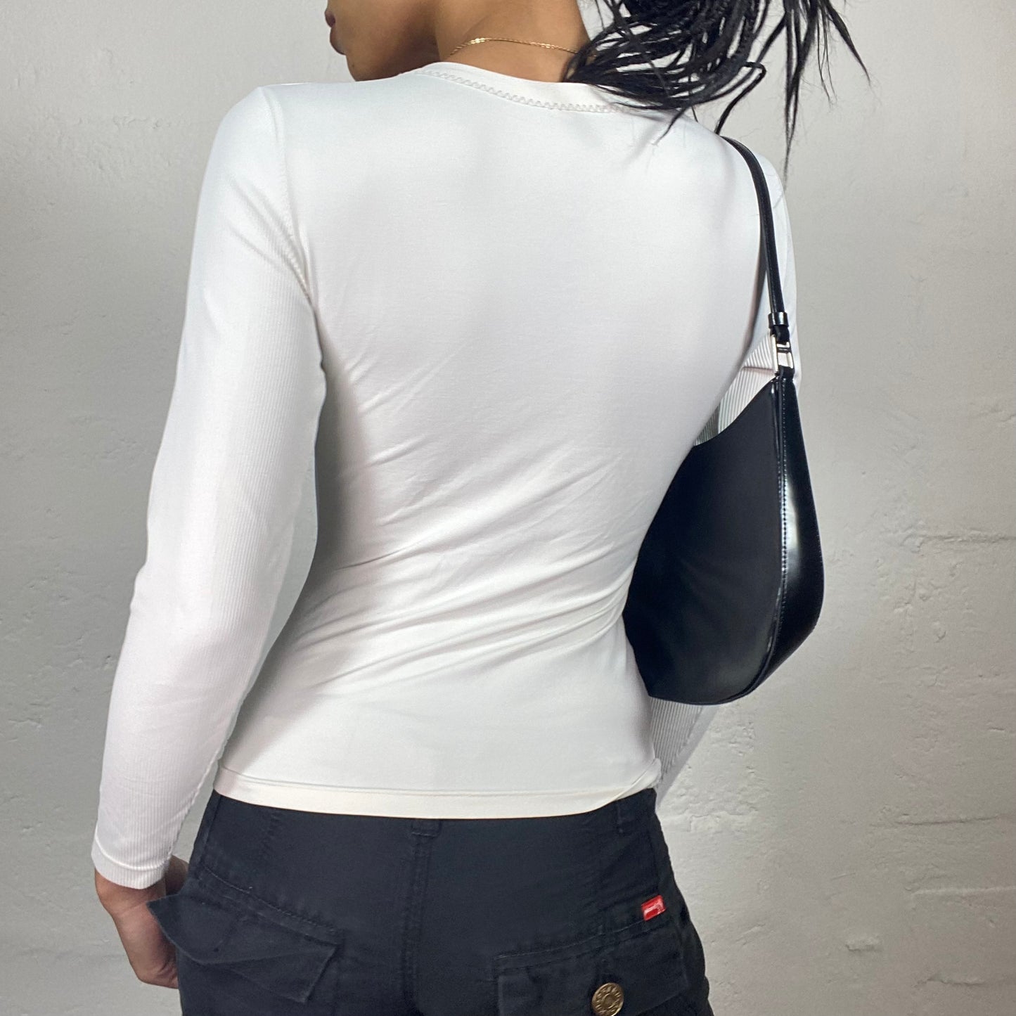 Vintage 2000’s Sporty Girl White Ribbed Longsleeve Top with Contrast Stitching Details (S/M)