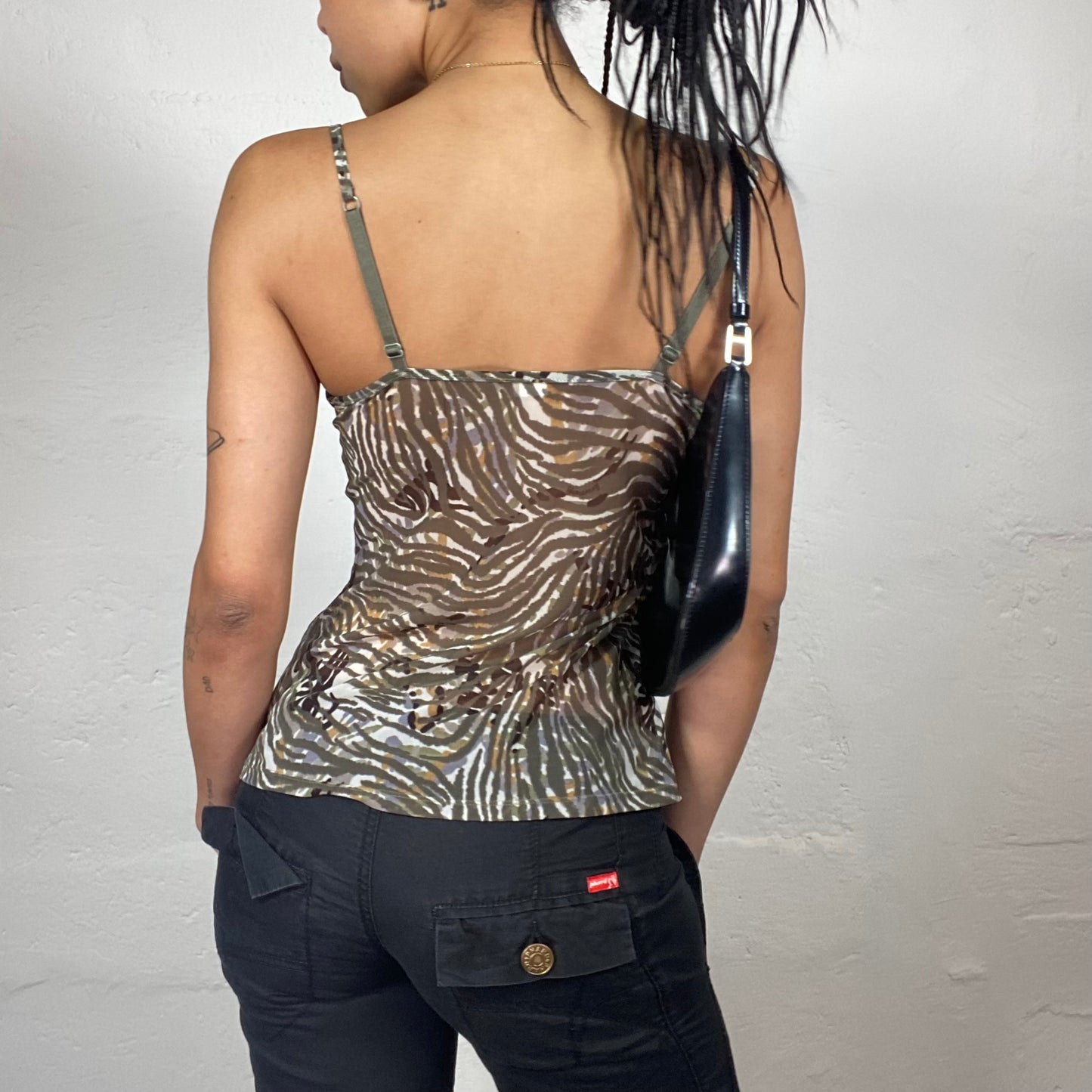 Vintage 2000’s Downtown Girl Brown Zebra Print See Through Chiffon Cami Top (M)