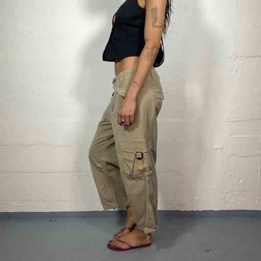 Vintage 2000's Downtown Girl Beige 7/8 Cargo Pants with Yellow Print Detail (L)