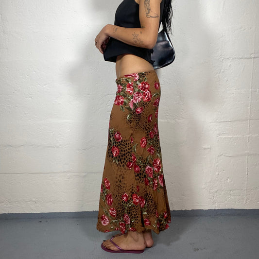 Vintage 2000's Summer Vacy Rusty Orange Maxi Skirt with Floral and Leo Print (S)