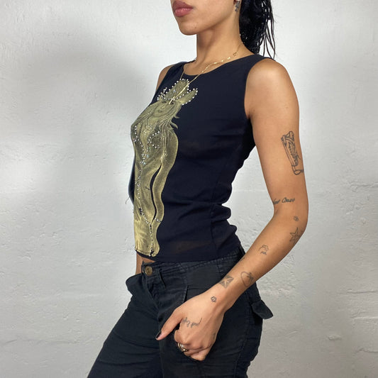 Vintage 2000’s Cowgirl Black High Neck Tank Top with Golden Cowgirl Print (S/M