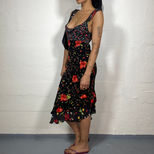 Vintage 2000's Date Night Black Midi Dress with Red Floral and Cherry Print (S)