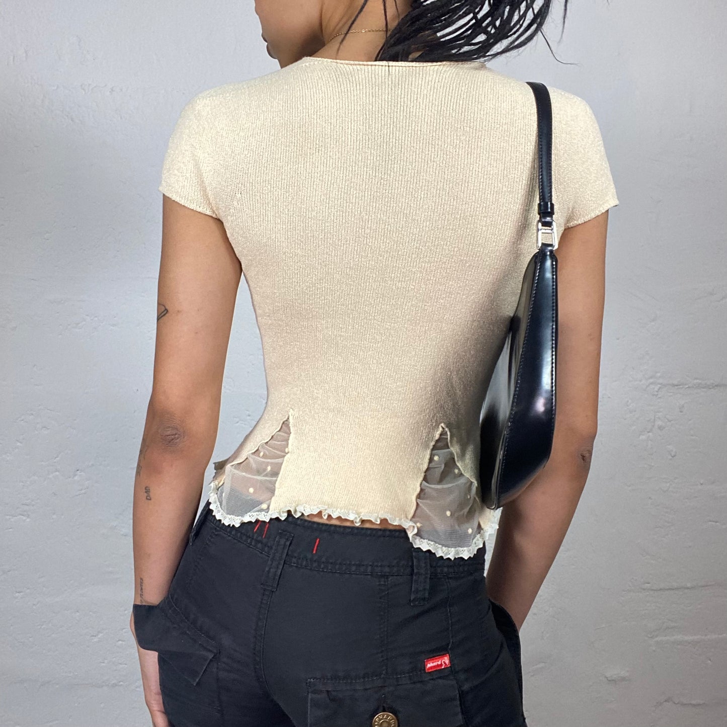 Vintage 2000’s Soft Girl Creme Beige Ribbed T-Shirt Top with Mesh Details and Ruffle Trim(S)