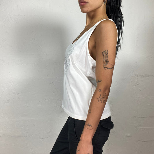 Vintage 2000's Harley Davidson Biker Girl White Tank Top with Rhinestone Logo Print (L)
