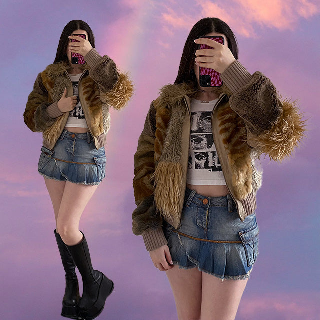Vintage Y2K Beige Patchwork Leather and Fur Jacket (S)