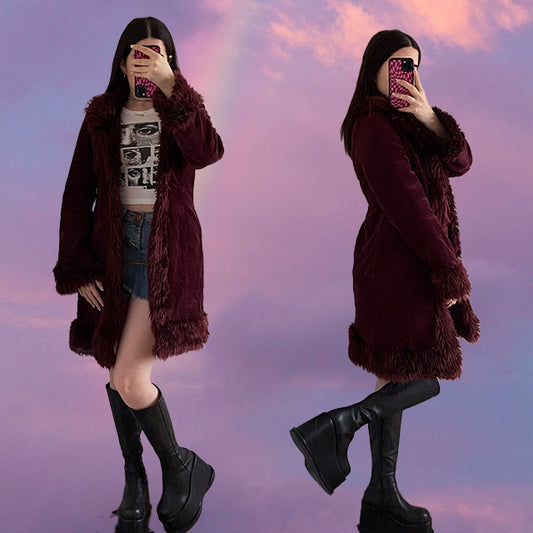 Vintage 90's Dark Red Corduroy Afghan Coat (XS/S - Vegan)