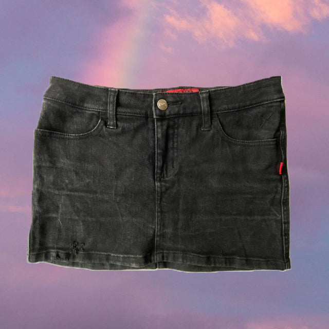 Vintage 90's Goth TRIPP NYC Denim Miniskirt with Pink Skulls (XS/S)