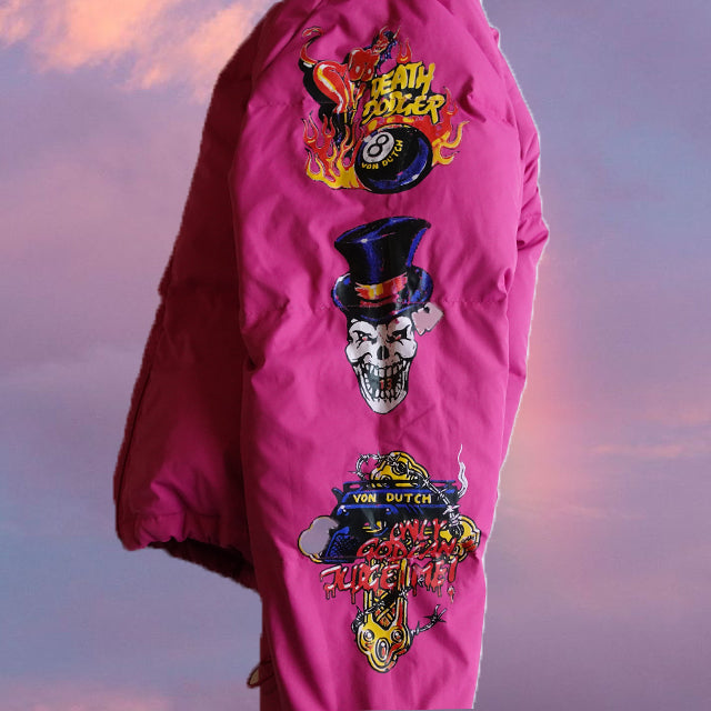 Vintage Y2K Von Dutch Pink Puffer Jacket with Tattoo Drawings (S/M)