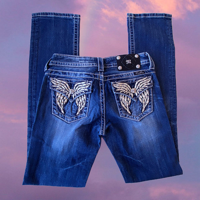 Vintage Y2K Cyber Miss Me Low Waist Flare Jeans with Angel Pocket