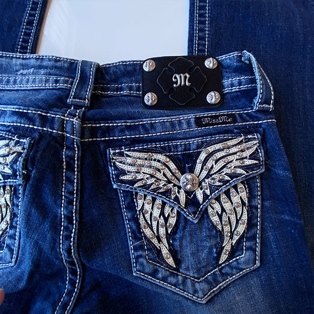 Vintage Y2K Cyber Miss Me Low Waist Flare Jeans with Angel Pocket Details (34-36 EU / 6-8 UK / S)