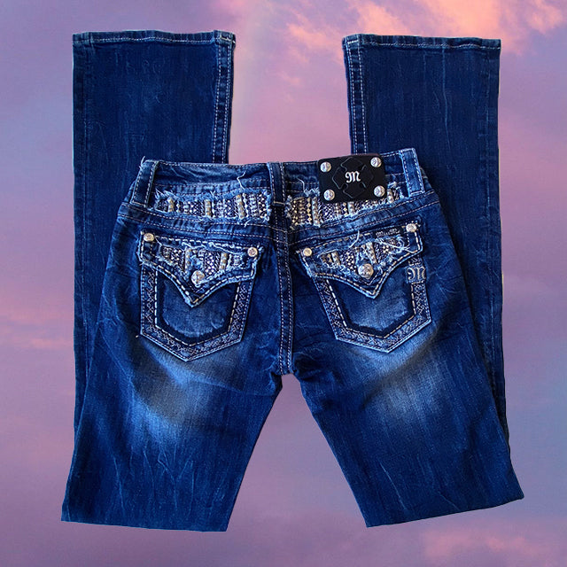 Vintage Y2K Cyber Miss Me Low Waist Flare Jeans with Angel Pocket Deta –  Michelle Tamar